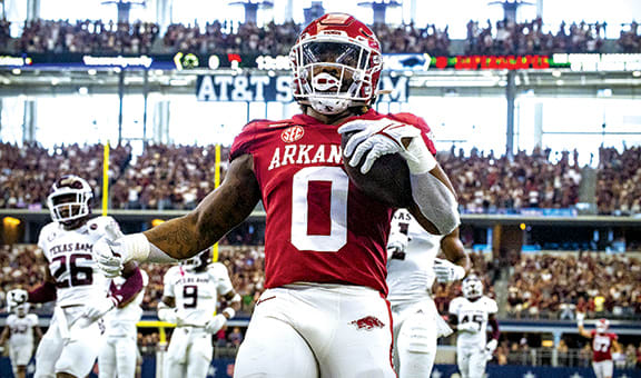 Arkansas Razorbacks running back AJ Green (0) in action during the game between the Arkansas Razorbacks and the Texas A&M Aggies at AT&T Stadium.
